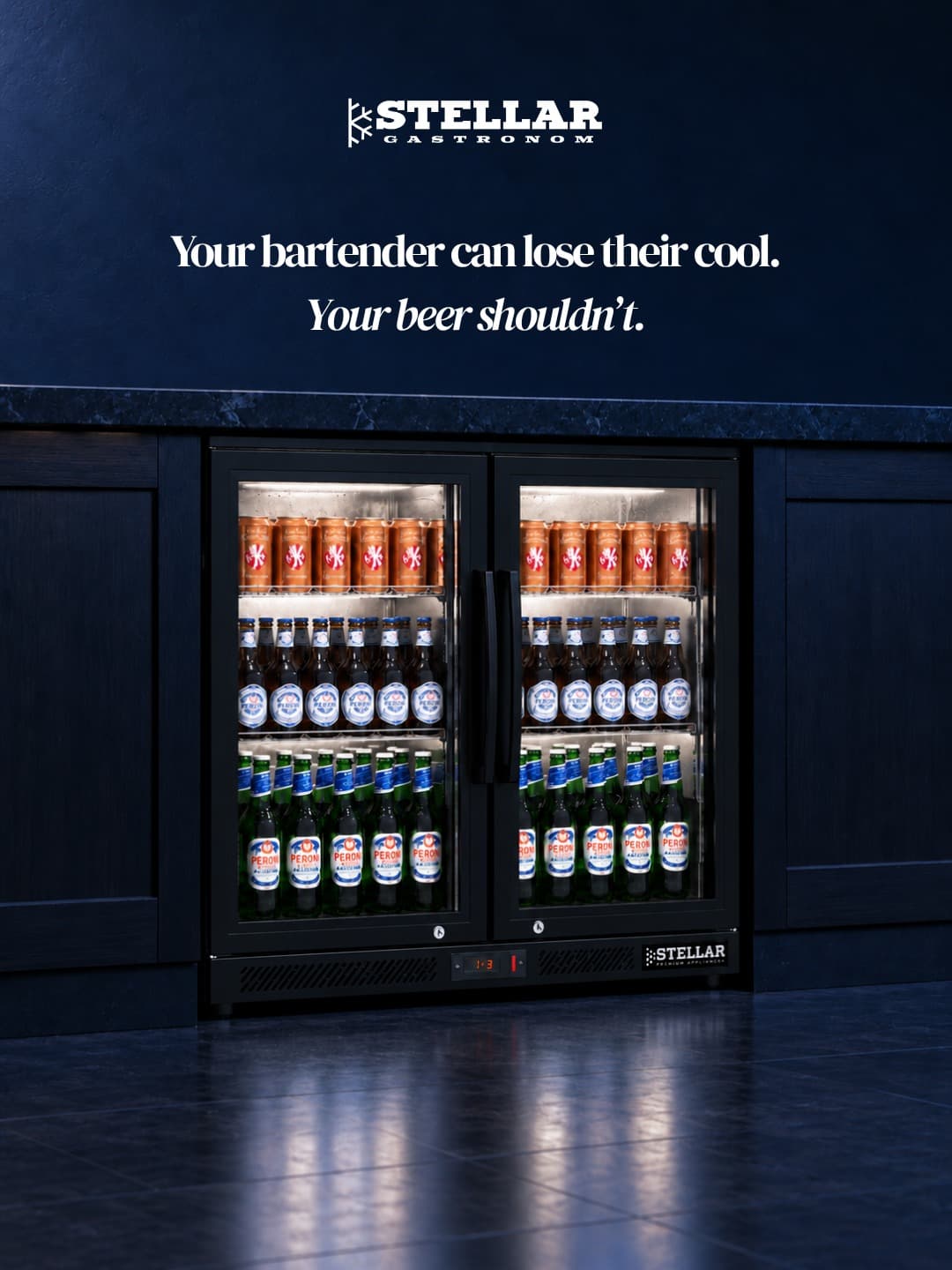 Stellar Gastronom back bar cooler stocked with drinks